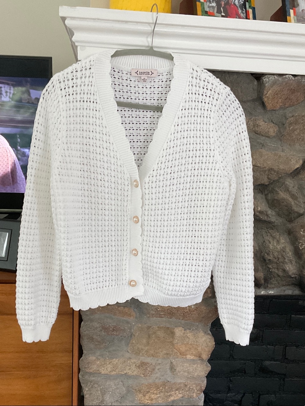 Nannette White Open-Knit Button-Front Cardigan